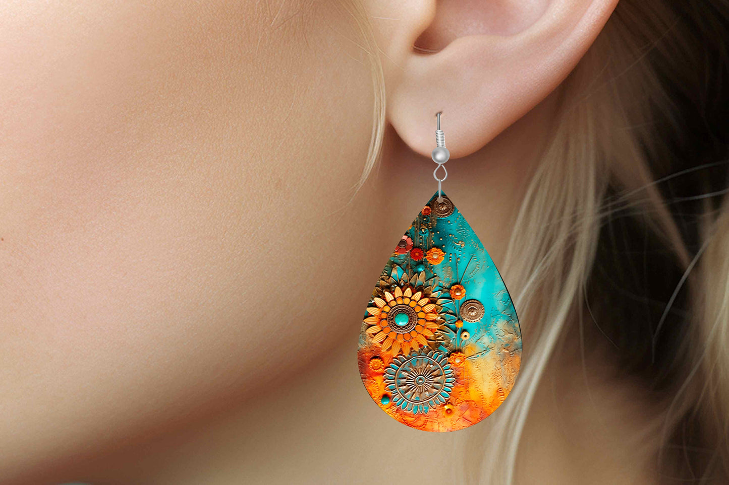 Orange Turquoise Floral Earrings Print Tear Drop Wood Dangle Earrings Hypoallergenic Jewelry