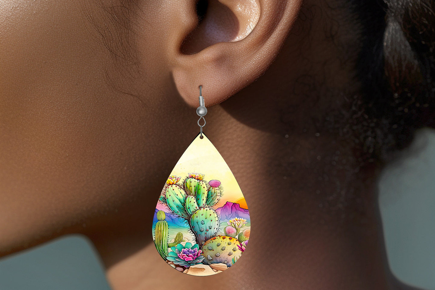 Pastel Desert Earrings Print Tear Drop Wood Dangle Earrings Hypoallergenic Jewelry