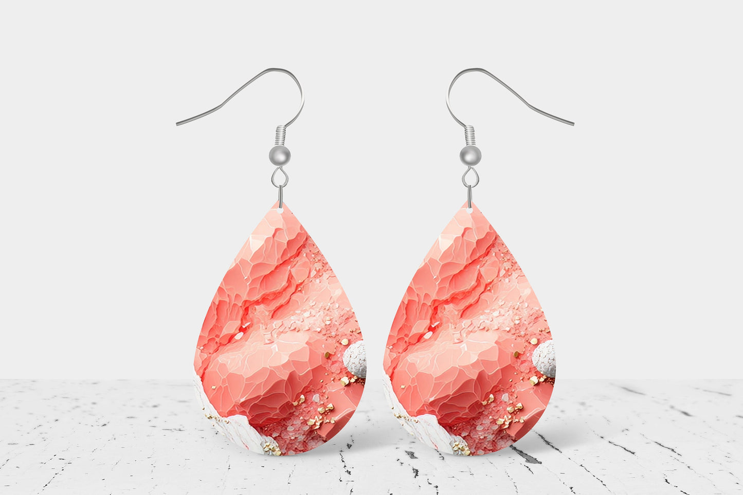 Peach Agate Earrings Print Tear Drop Wood Dangle Earrings Hypoallergenic Jewelry