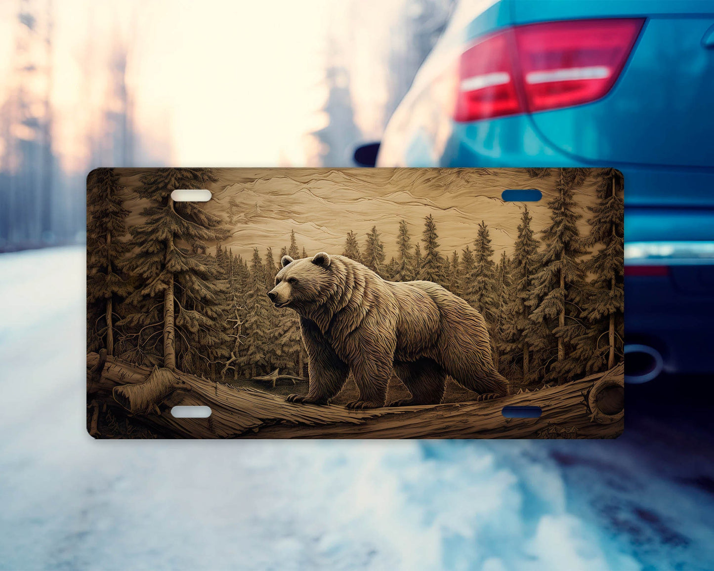 Vanity Front License Plate, Wood Carve Bear Aluminum Vanity License Plate Car Accessory Decorative Front Plate