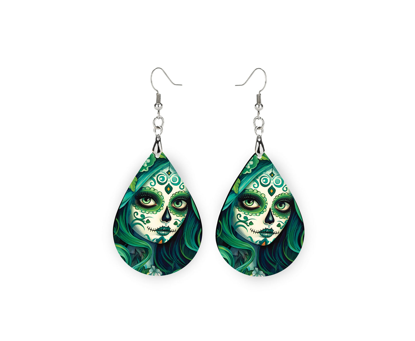 New Release Green Sugar Skull Woman Print Tear Drop Wood Dangle Earrings Hypoallergenic Jewelry