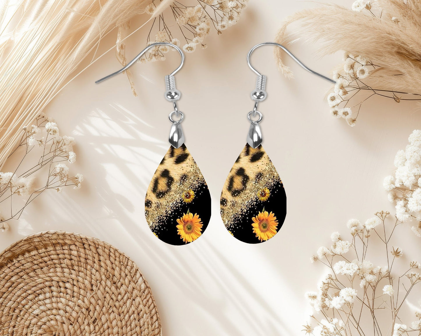 New Release Leopard Print and Sunflower Print Tear Drop Wood Dangle Earrings Hypoallergenic Jewelry