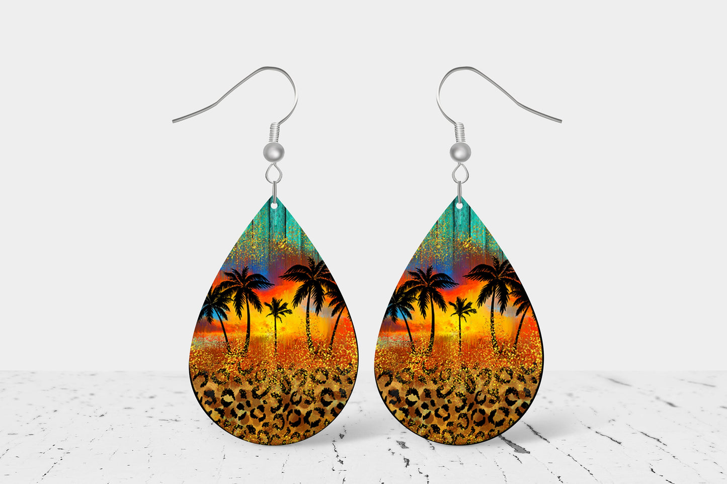 New Release Leopard Print and Palm Trees Print Tear Drop Wood Dangle Earrings Hypoallergenic Jewelry