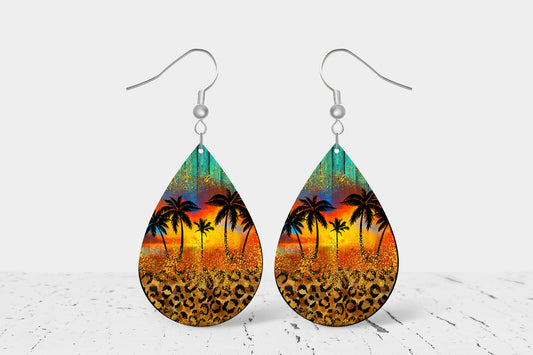 New Release Leopard Print and Palm Trees Print Tear Drop Wood Dangle Earrings Hypoallergenic Jewelry