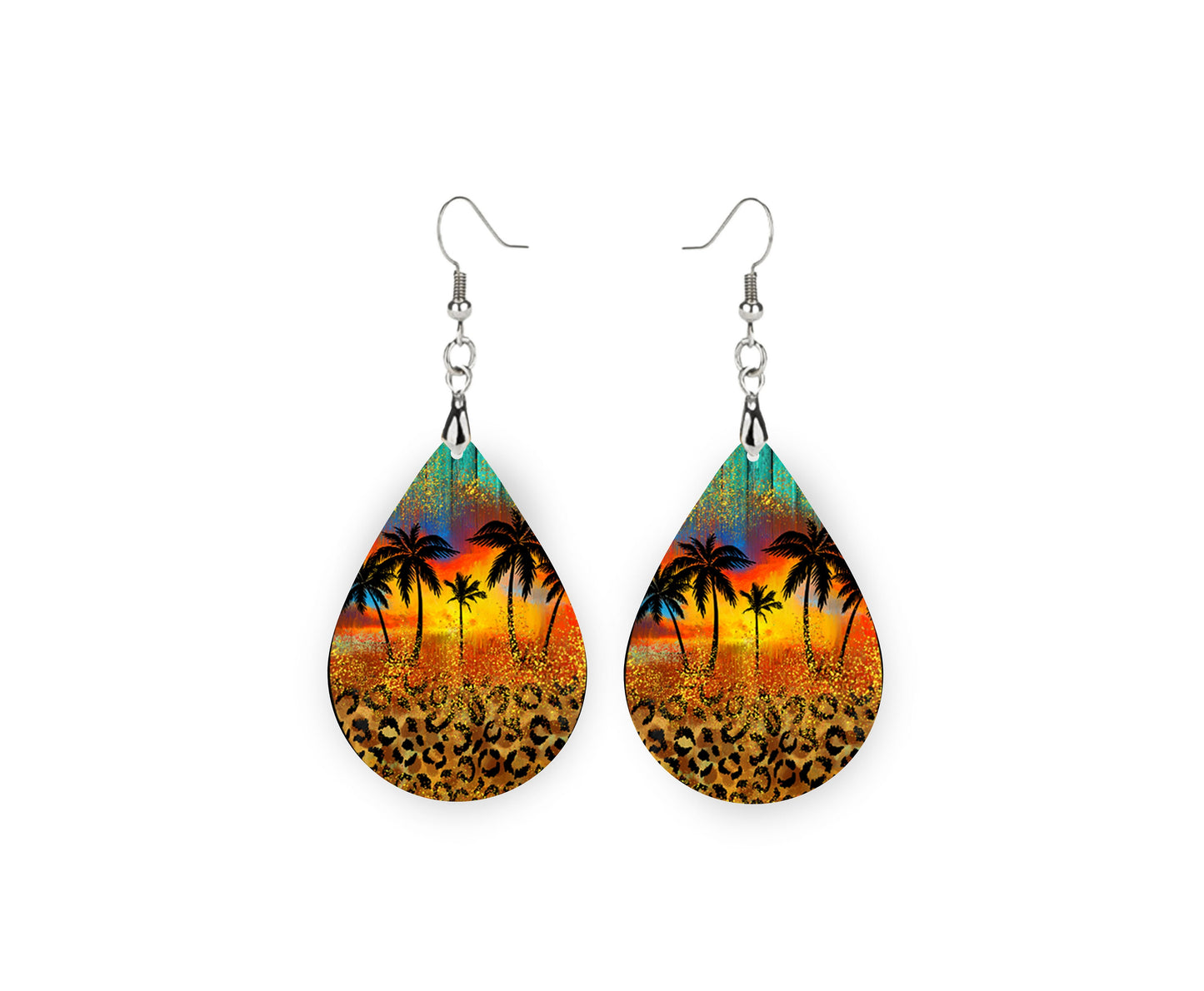 New Release Leopard Print and Palm Trees Print Tear Drop Wood Dangle Earrings Hypoallergenic Jewelry