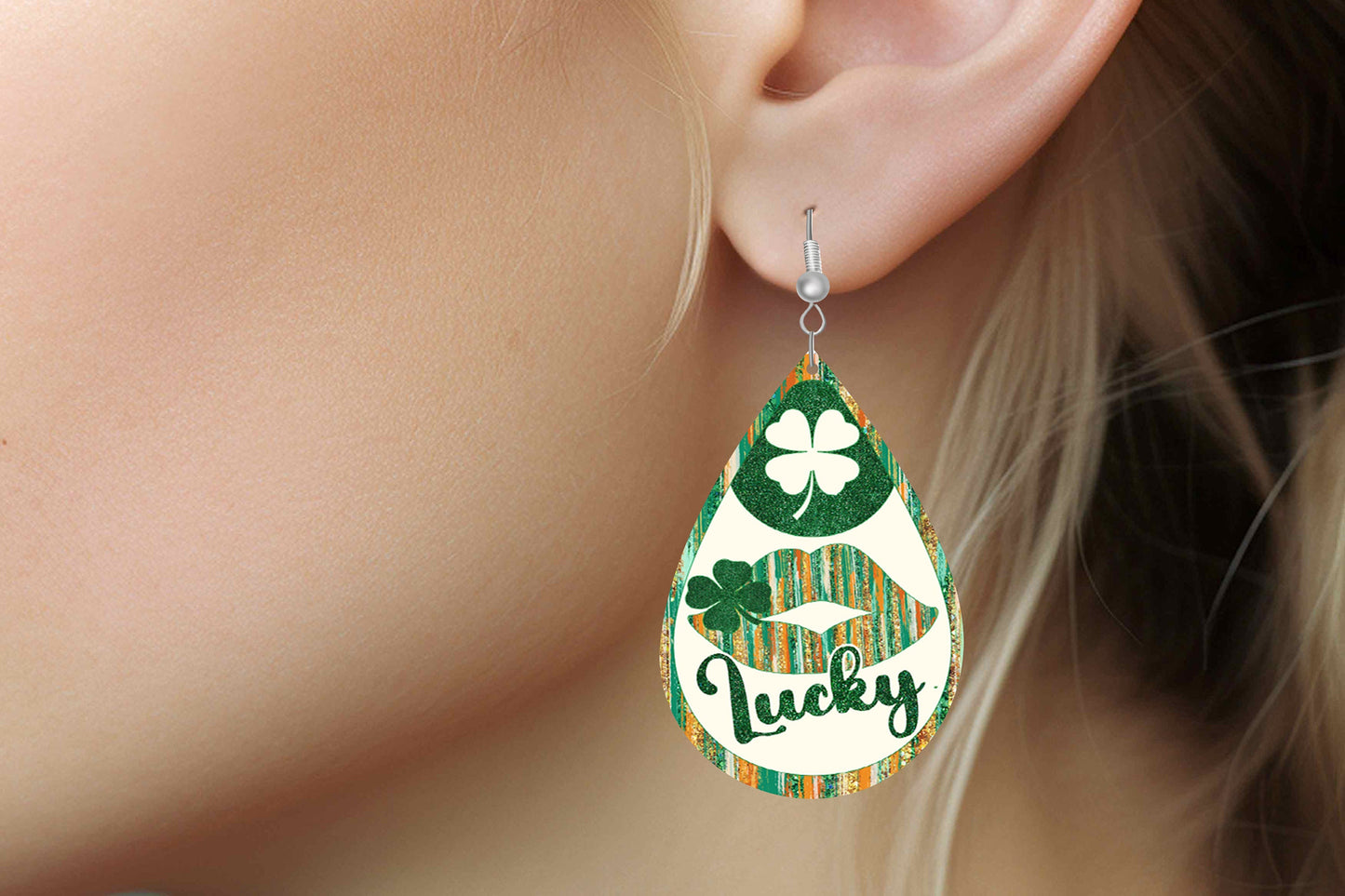 New Release Lucky Kiss Print Tear Drop Wood Dangle Earrings Hypoallergenic Jewelry