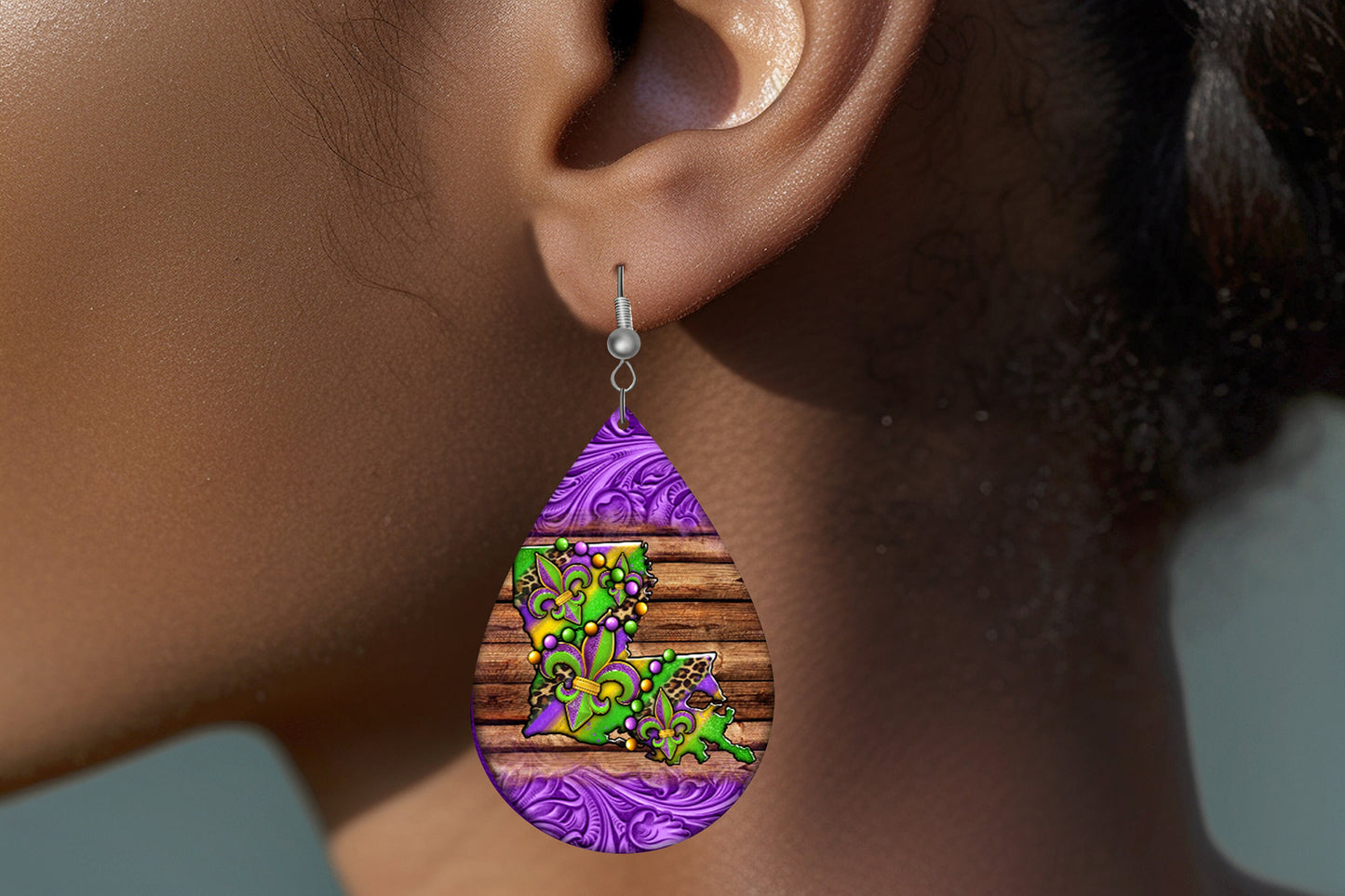 New Release Mardi Gras Louisiana Print Tear Drop Wood Dangle Earrings Hypoallergenic Jewelry