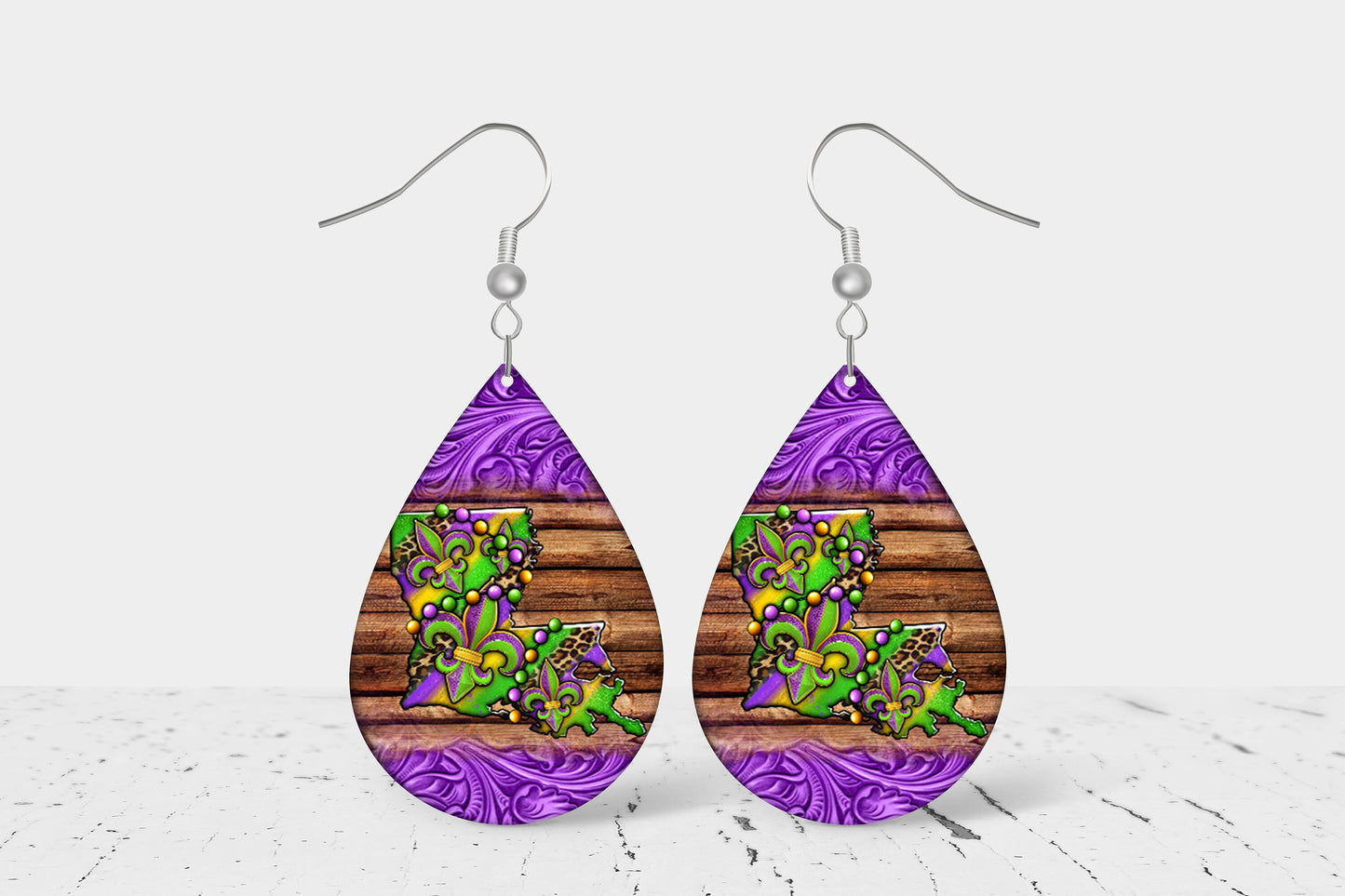 New Release Mardi Gras Louisiana Print Tear Drop Wood Dangle Earrings Hypoallergenic Jewelry