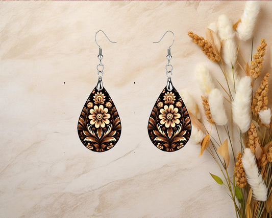 New Release Maygar Floral Print Tear Drop Wood Dangle Earrings Hypoallergenic Jewelry