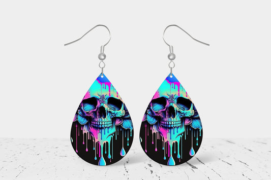 New Release Melting Skulls Print Tear Drop Wood Dangle Earrings Hypoallergenic Jewelry