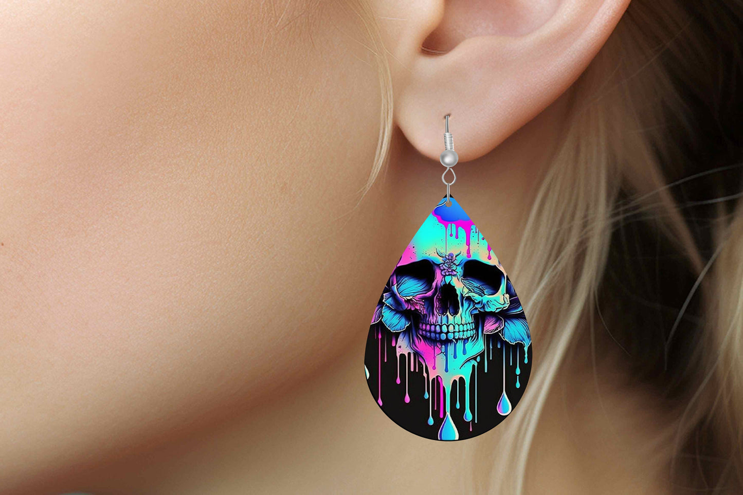 New Release Melting Skulls Print Tear Drop Wood Dangle Earrings Hypoallergenic Jewelry