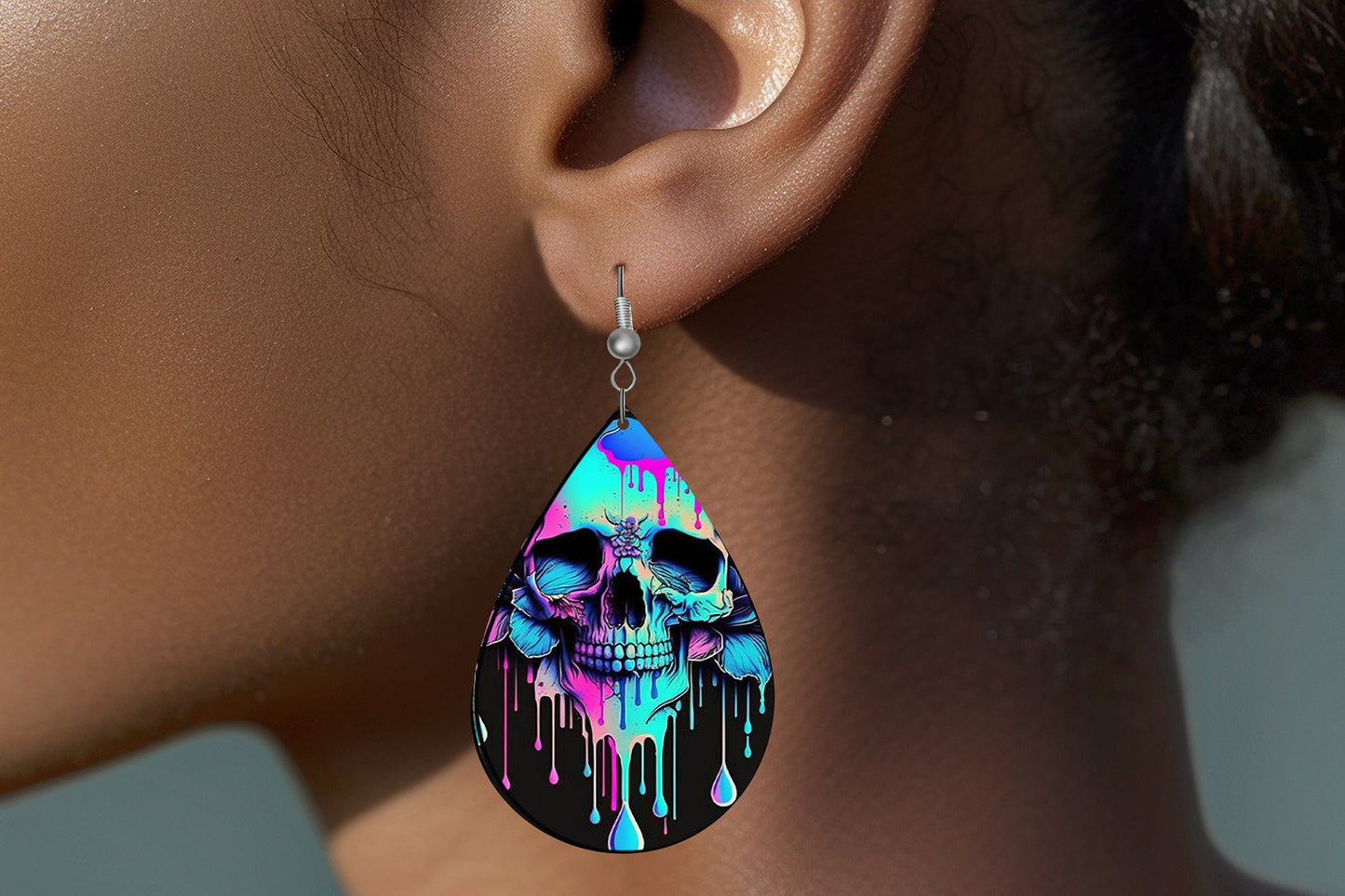 New Release Melting Skulls Print Tear Drop Wood Dangle Earrings Hypoallergenic Jewelry