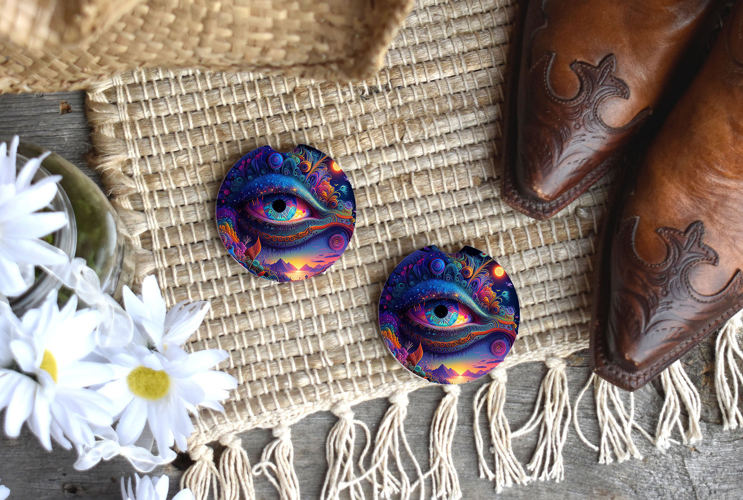 Set of 2 Psychedelic Eye Sandstone Car Coasters, Car Accessory