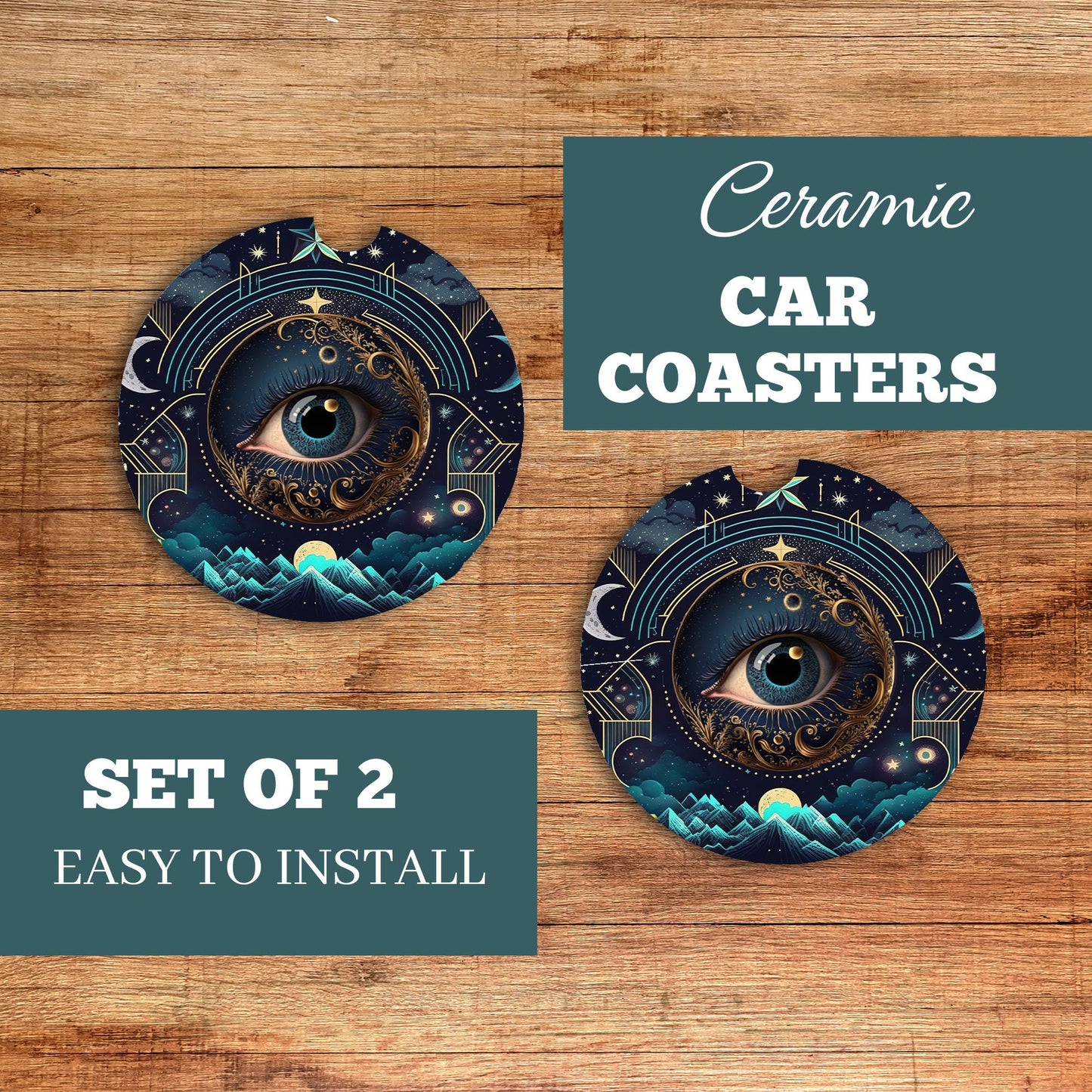 Set of 2 Celestial Evil Eye Sandstone Car Coasters, Car Accessory