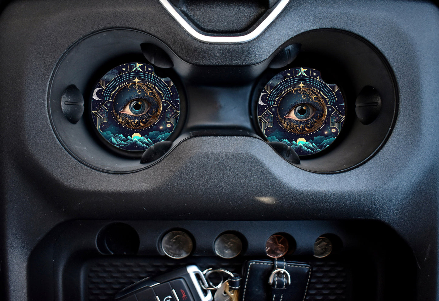 Set of 2 Celestial Evil Eye Sandstone Car Coasters, Car Accessory