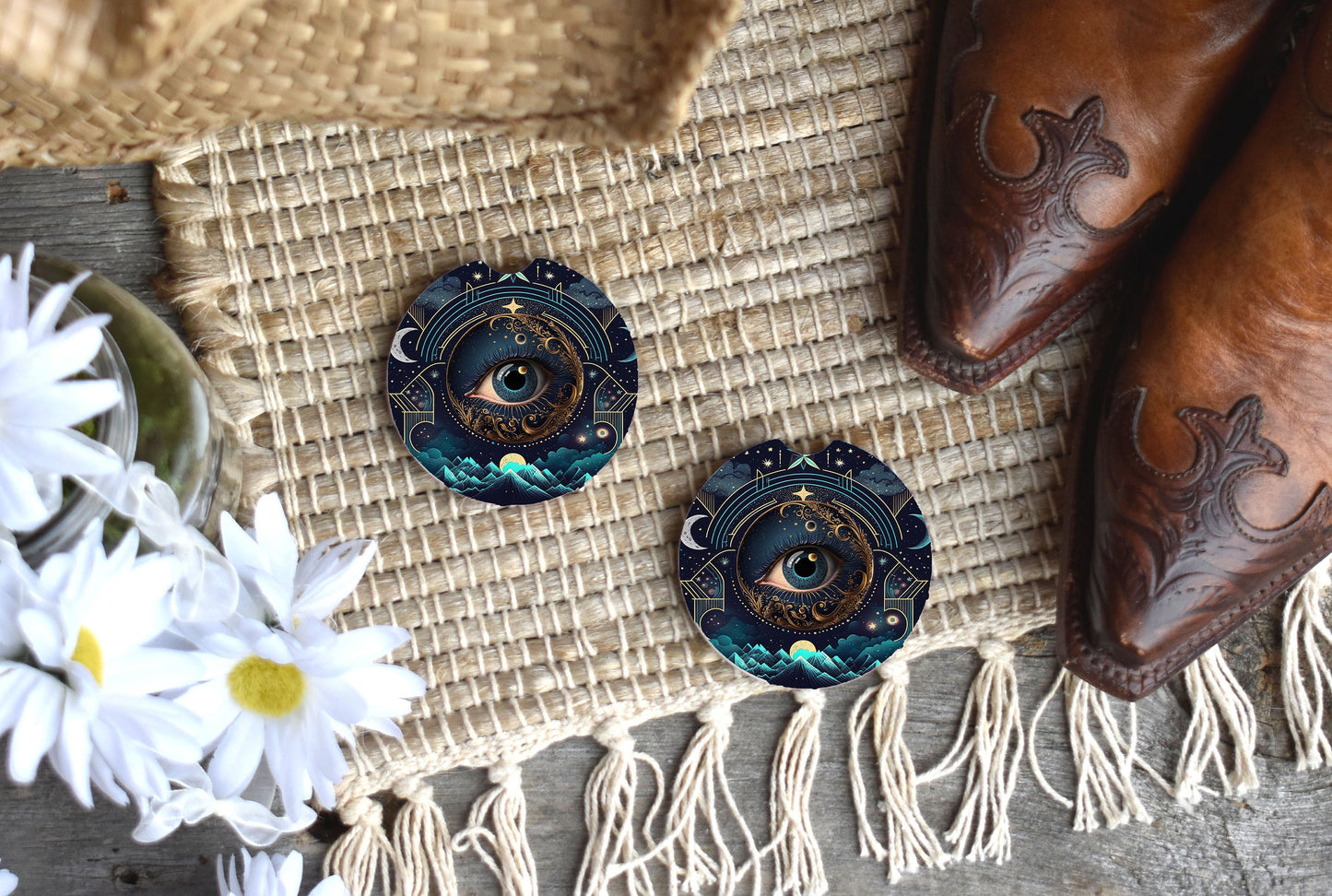 Set of 2 Celestial Evil Eye Sandstone Car Coasters, Car Accessory