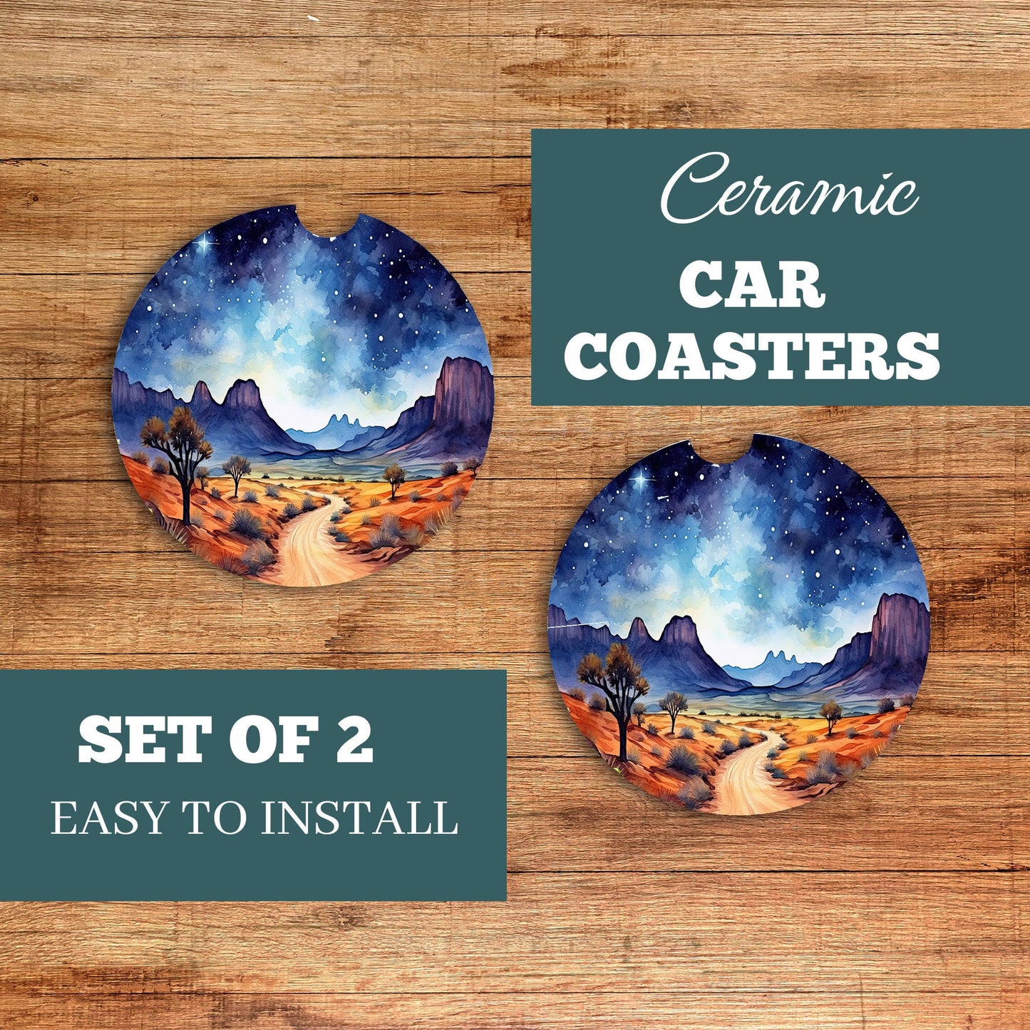 Set of 2 Desert Highway Sandstone Car Coasters, Car Accessory