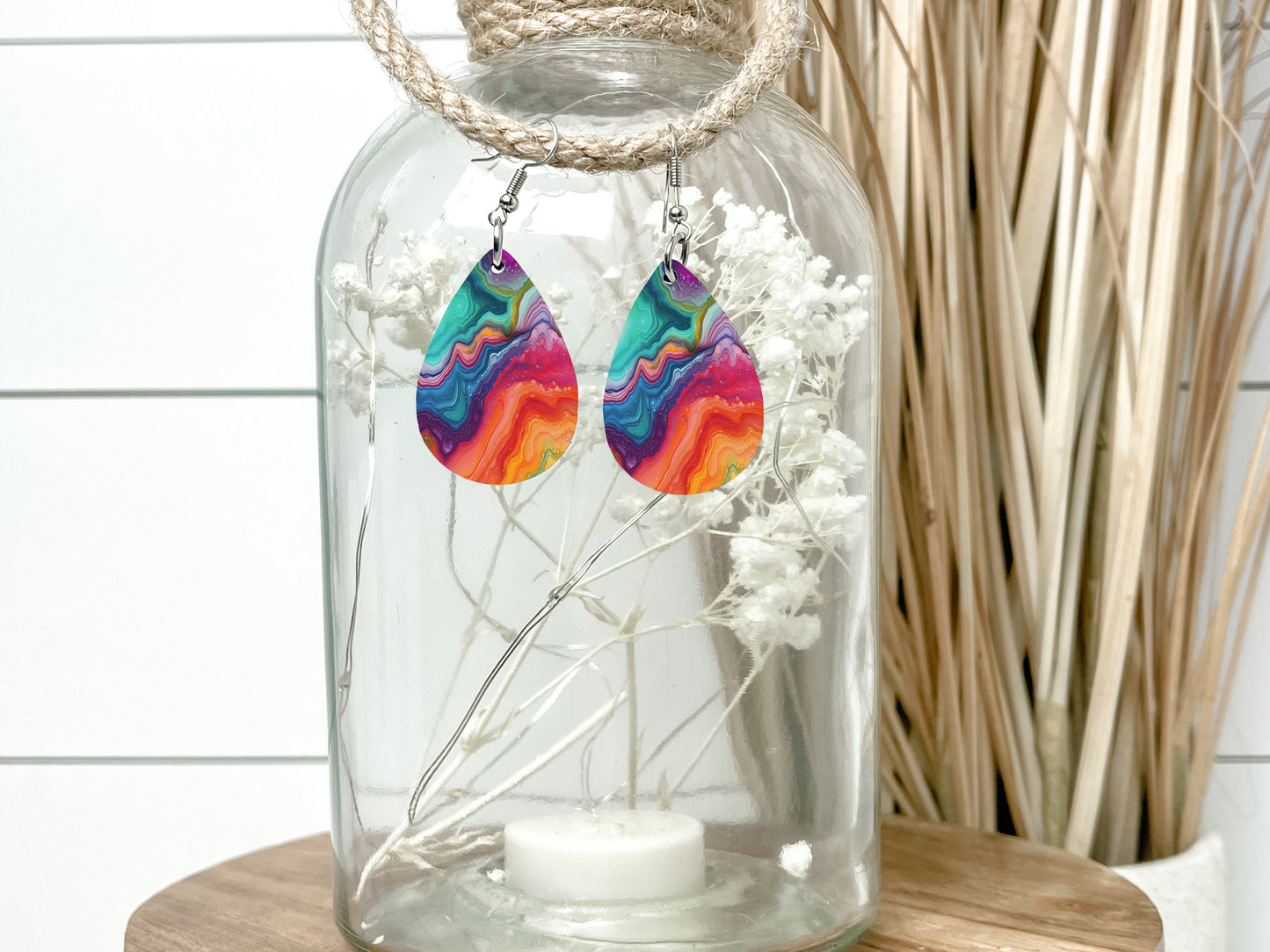 Rainbow Marble Print Earrings Print Tear Drop Wood Dangle Earrings Hypoallergenic Jewelry