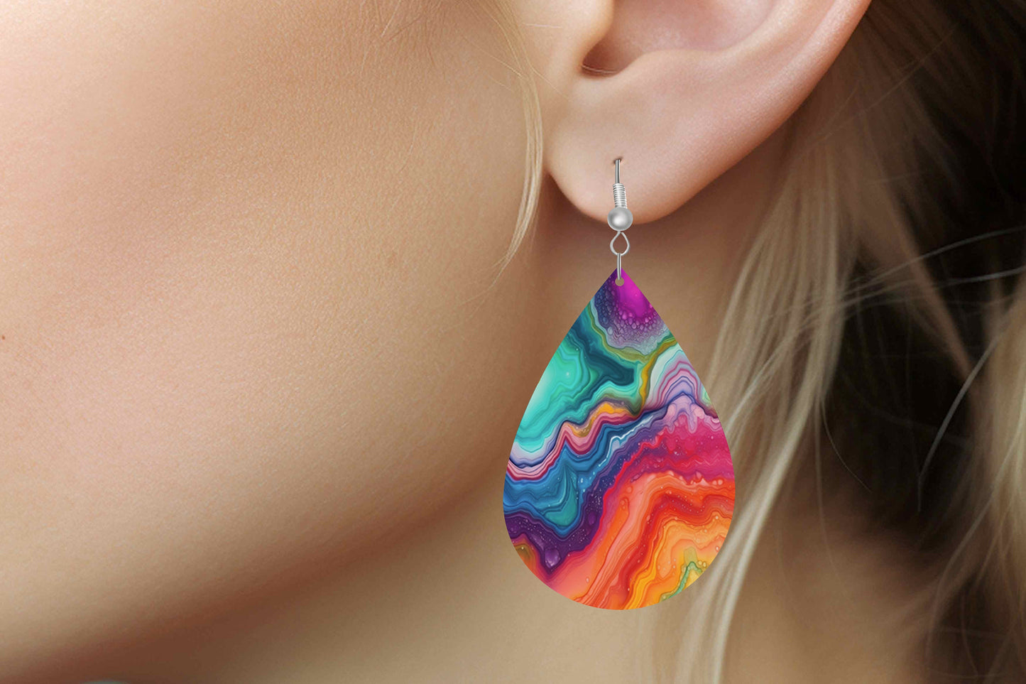 Rainbow Marble Print Earrings Print Tear Drop Wood Dangle Earrings Hypoallergenic Jewelry