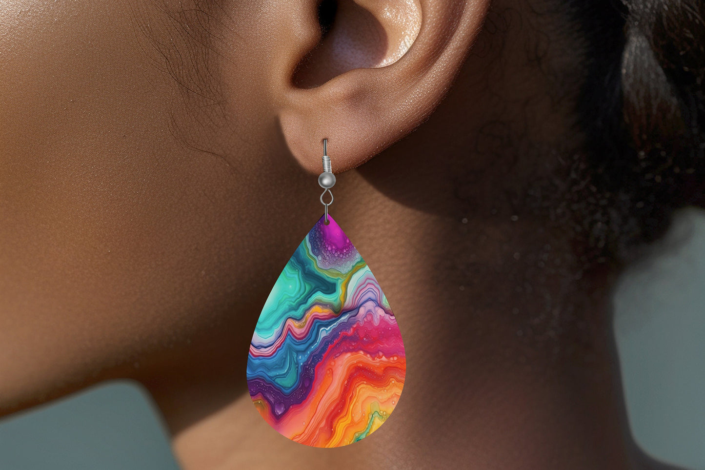 Rainbow Marble Print Earrings Print Tear Drop Wood Dangle Earrings Hypoallergenic Jewelry