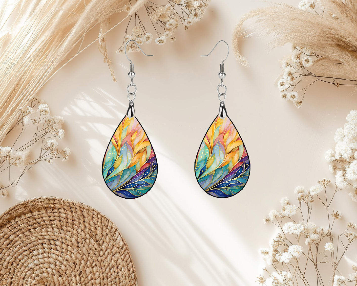 Rainbow Palm Leaves Print Earrings Print Tear Drop Wood Dangle Earrings Hypoallergenic Jewelry