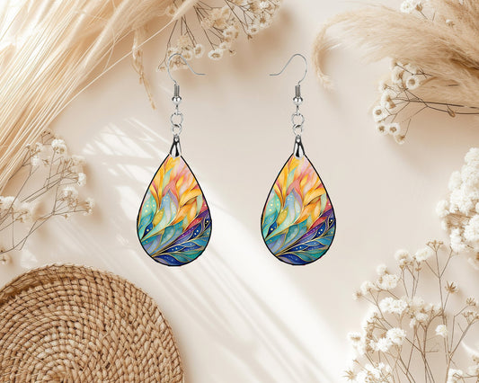 Rainbow Palm Leaves Print Earrings Print Tear Drop Wood Dangle Earrings Hypoallergenic Jewelry