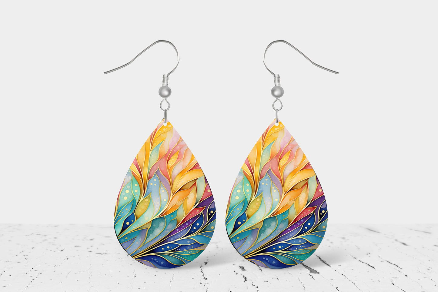 Rainbow Palm Leaves Print Earrings Print Tear Drop Wood Dangle Earrings Hypoallergenic Jewelry