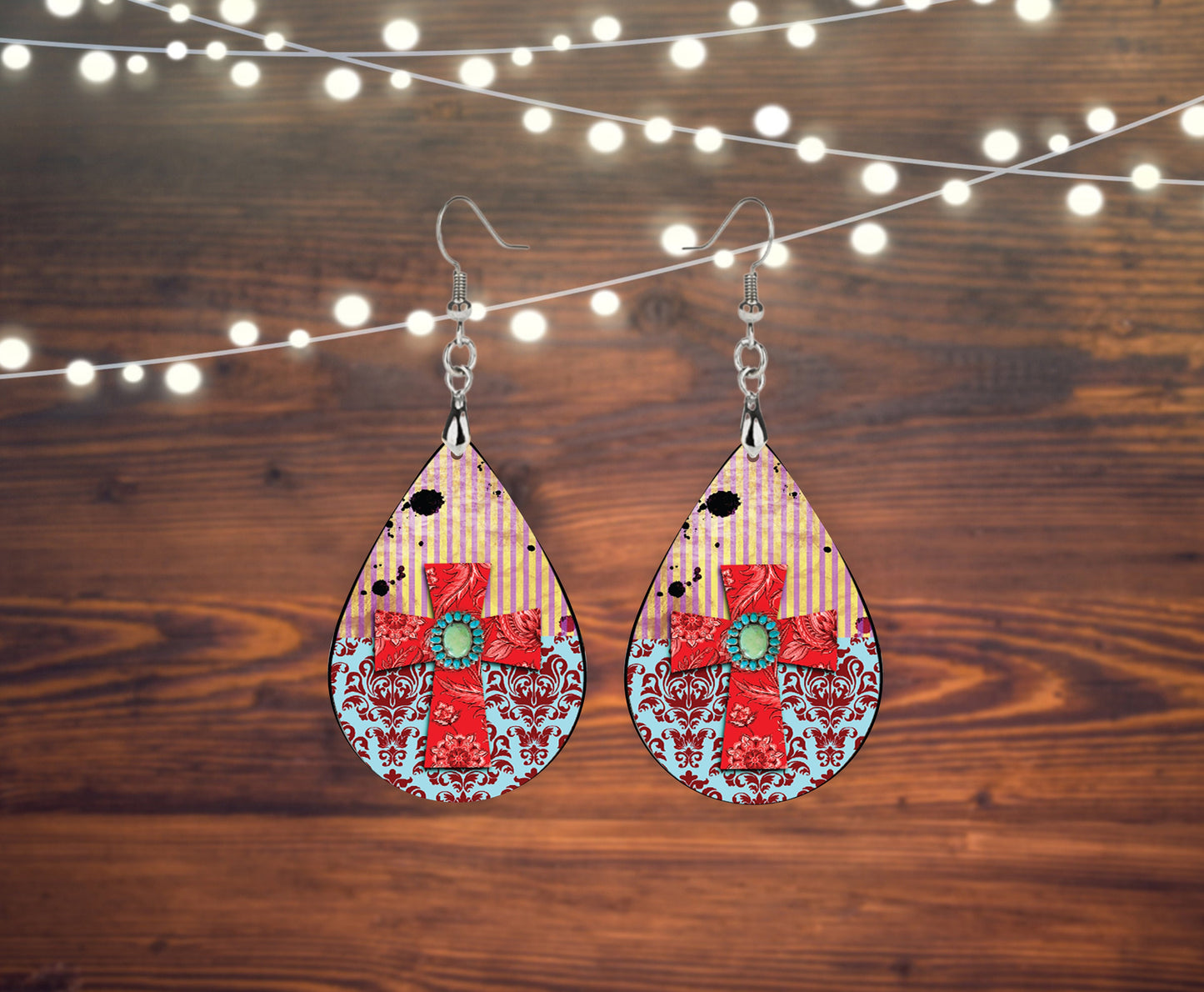 Red Bandana Cross Earrings Print Tear Drop Wood Dangle Earrings Hypoallergenic Jewelry