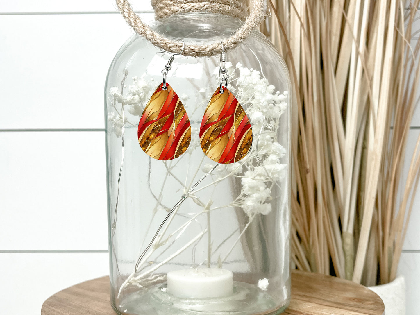 Red and Gold Art Nouveau Earrings Print Tear Drop Wood Dangle Earrings Hypoallergenic Jewelry