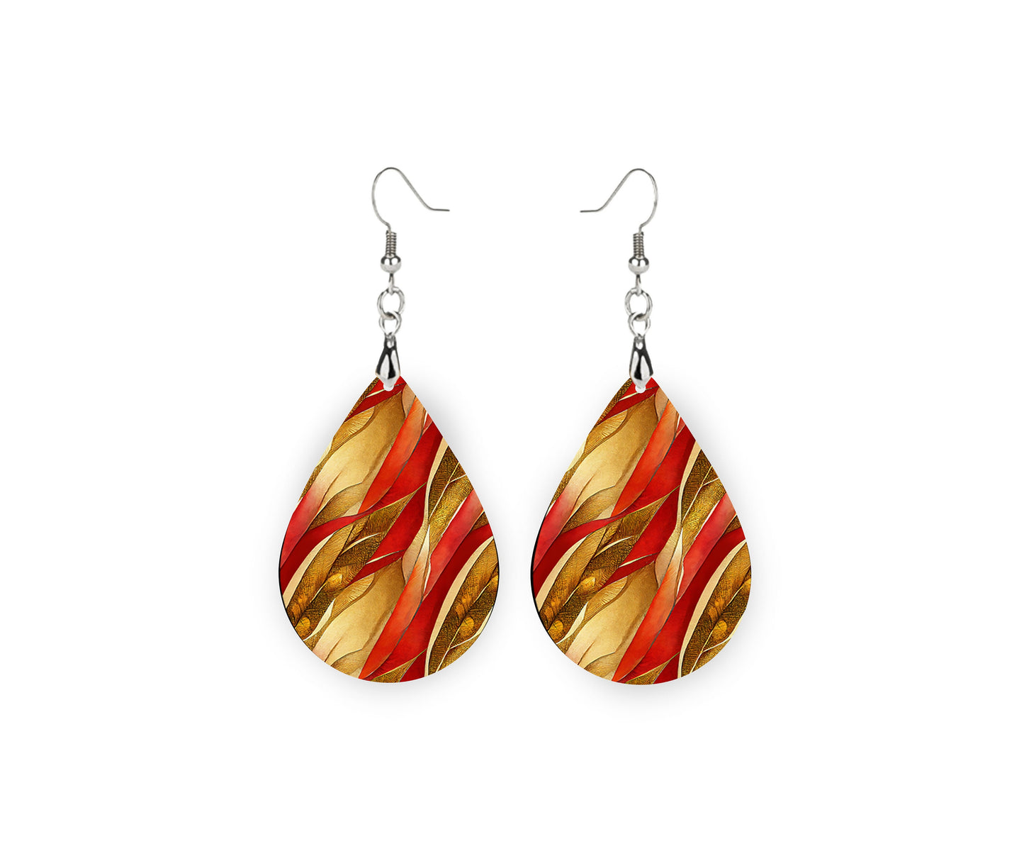 Red and Gold Art Nouveau Earrings Print Tear Drop Wood Dangle Earrings Hypoallergenic Jewelry