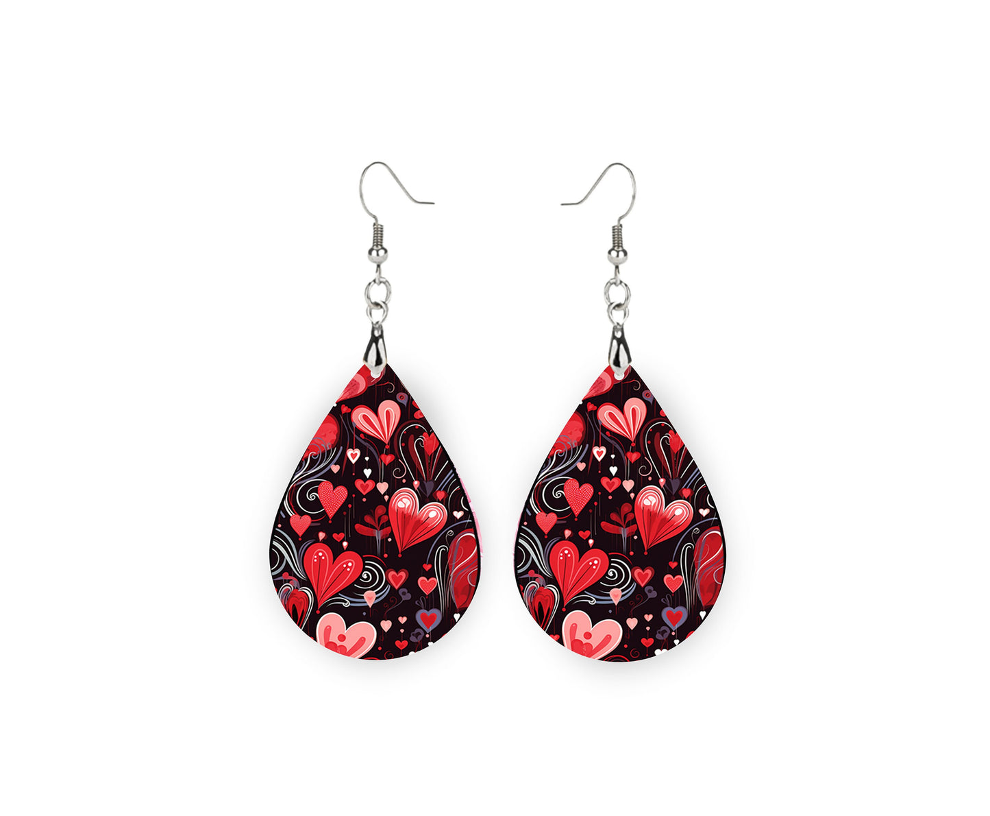 Red Hearts on Black Earrings Print Tear Drop Wood Dangle Earrings Hypoallergenic Jewelry