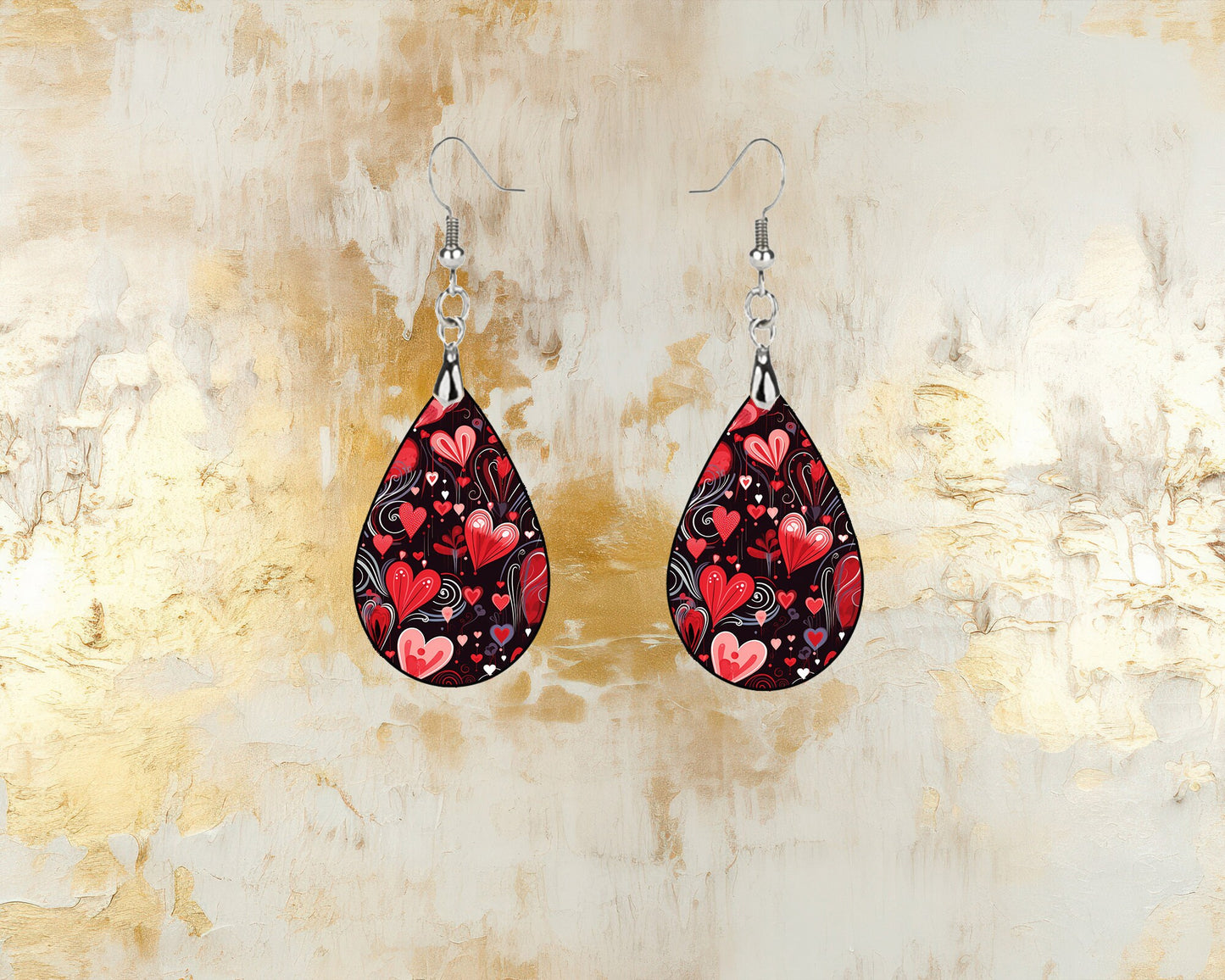 Red Hearts on Black Earrings Print Tear Drop Wood Dangle Earrings Hypoallergenic Jewelry