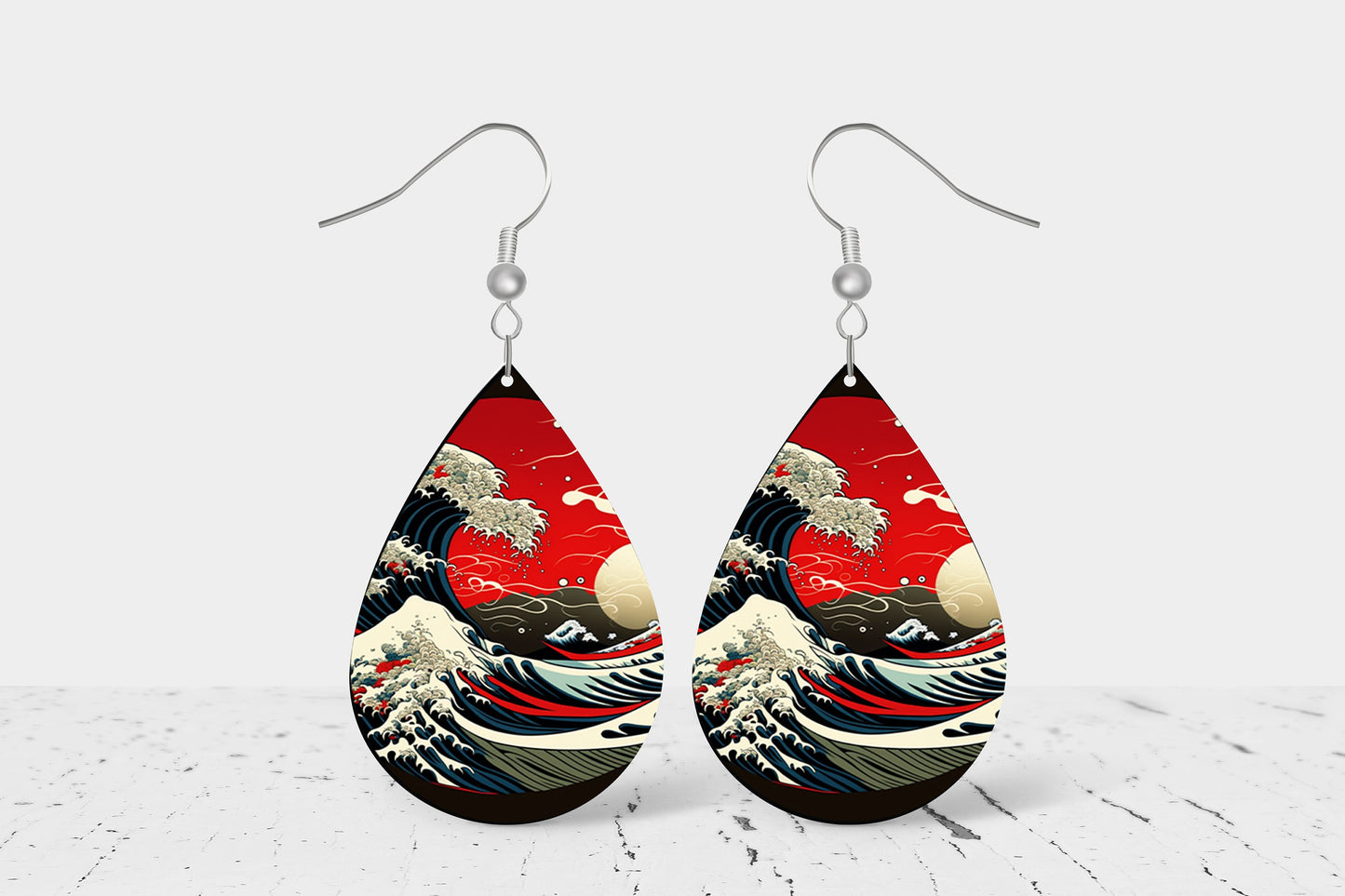 Red Wave Earrings Print Tear Drop Wood Dangle Earrings Hypoallergenic Jewelry