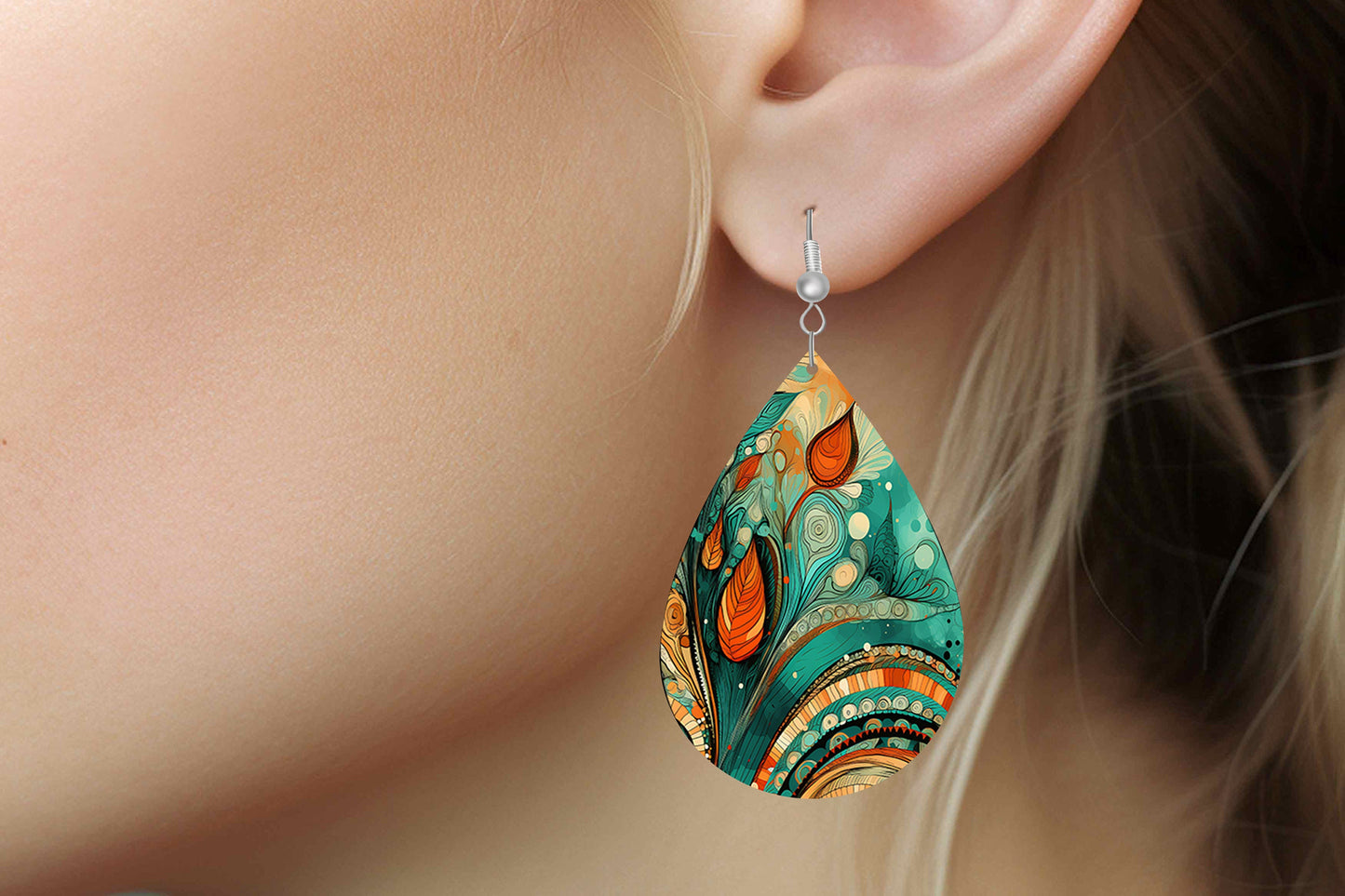 Rustic Boho Earrings Print Tear Drop Wood Dangle Earrings Hypoallergenic Jewelry