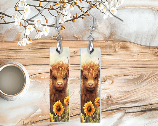 Highland Cow and Sunflowers Earrings, Bar Dangle Printed Earrings Jewelry Handmade