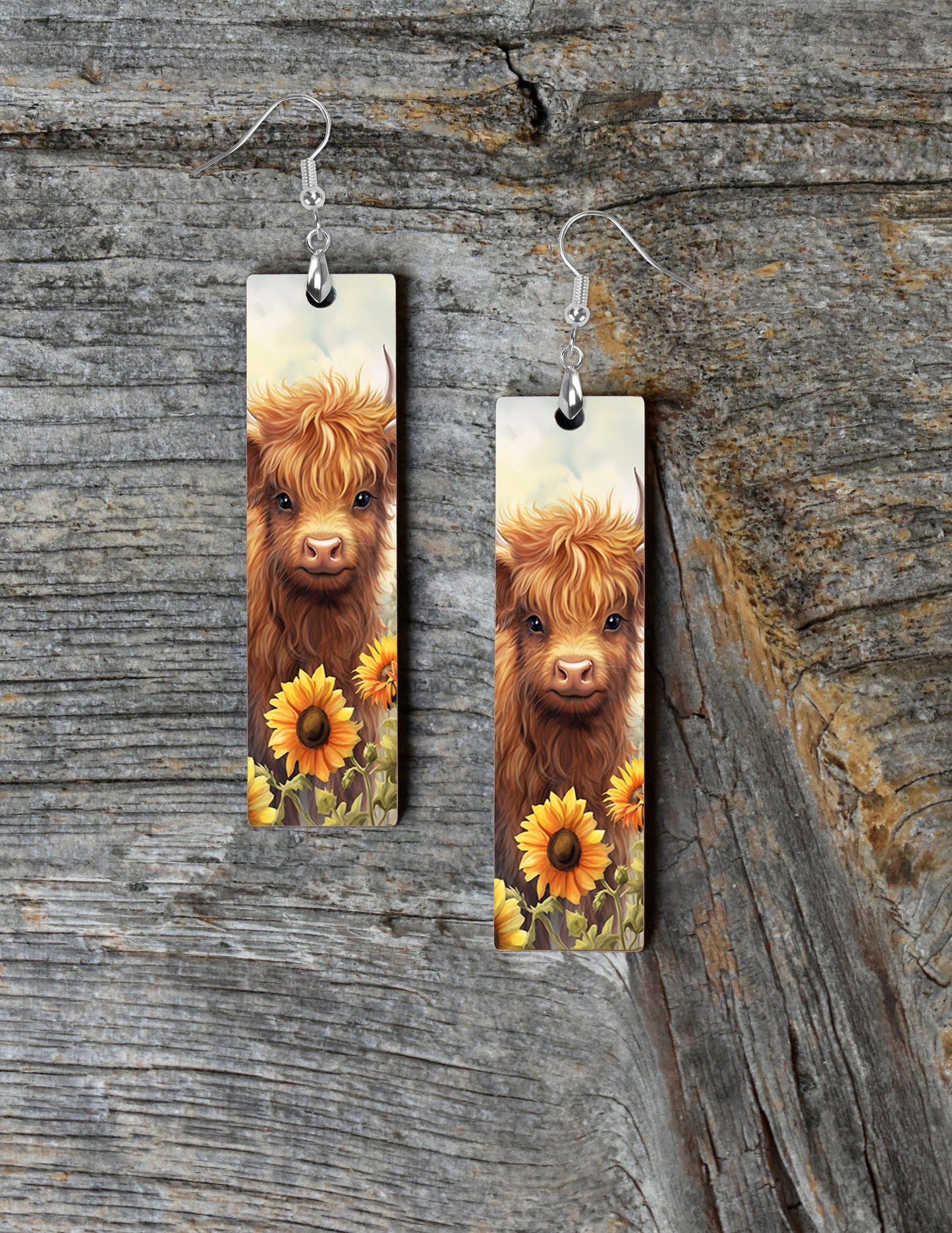 Highland Cow and Sunflowers Earrings, Bar Dangle Printed Earrings Jewelry Handmade