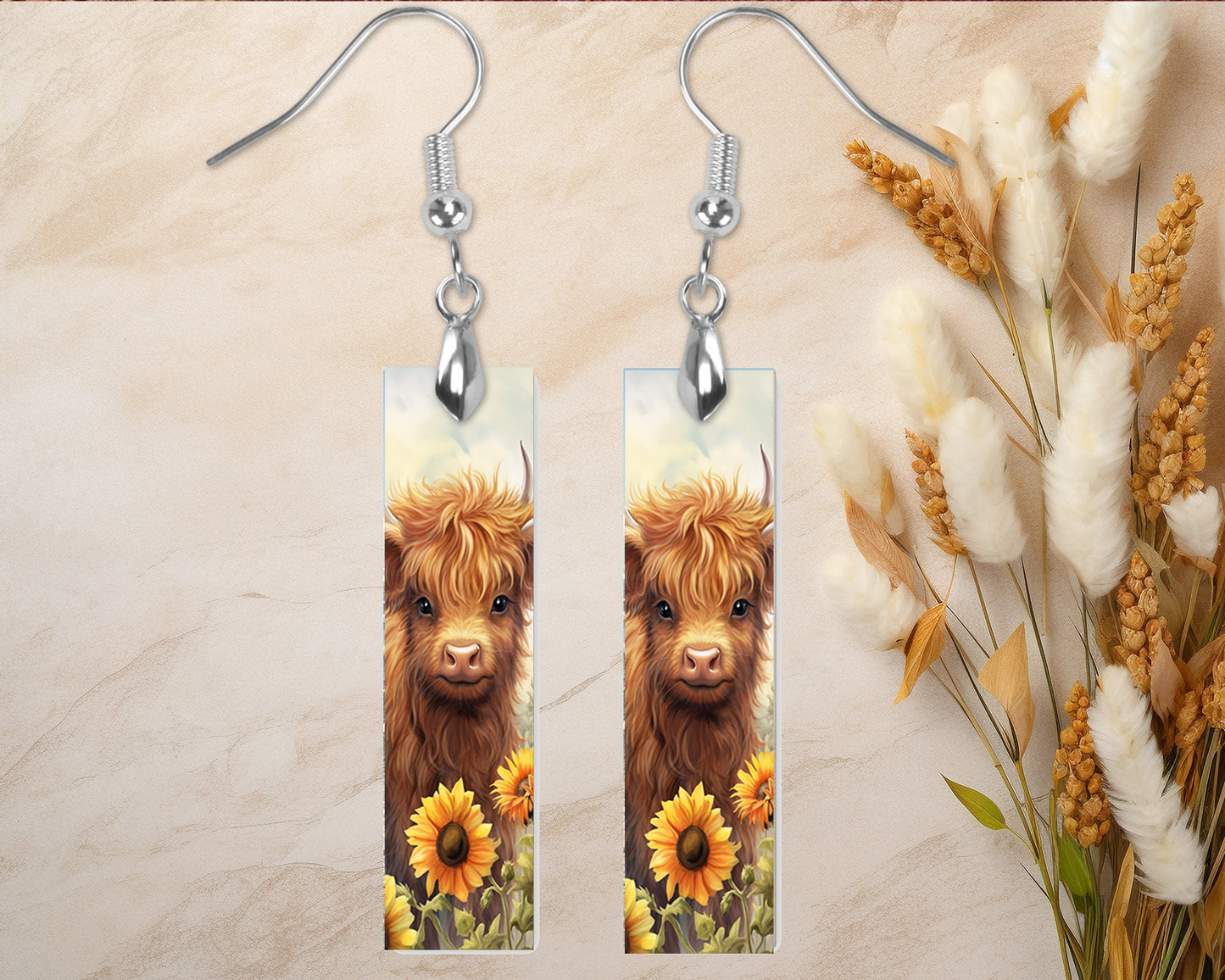 Highland Cow and Sunflowers Earrings, Bar Dangle Printed Earrings Jewelry Handmade