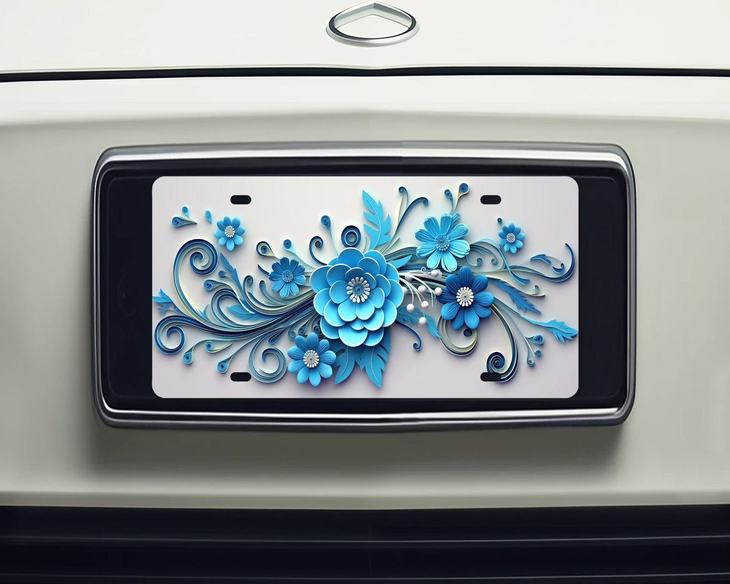 Vanity Front License Plate, Blue Flower Swirl Aluminum Vanity License Plate Car Accessory Decorative Front Plate