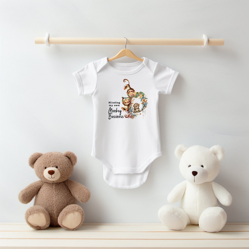 Baby Bodysuit, Minding My Own Monkey Business One Piece Baby Suit, Baby Gift, Long / Short Sleeve, 0-18 Months size