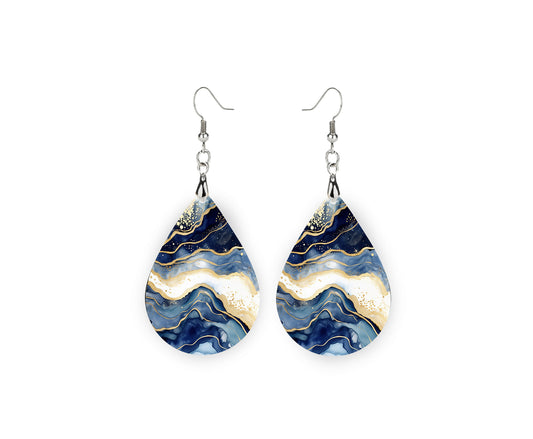 Blue White and Gold Marble Print Earrings, Teardrop Dangle Printed Earrings Jewelry Handmade