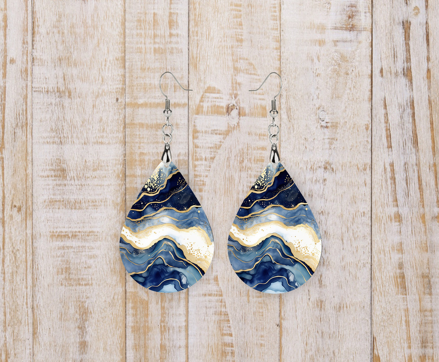 Blue White and Gold Marble Print Earrings, Teardrop Dangle Printed Earrings Jewelry Handmade