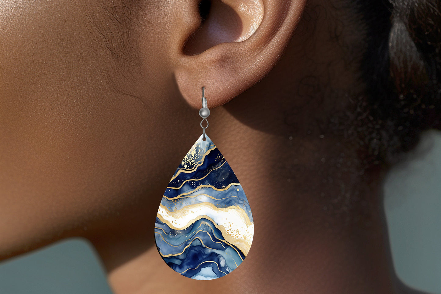 Blue White and Gold Marble Print Earrings, Teardrop Dangle Printed Earrings Jewelry Handmade