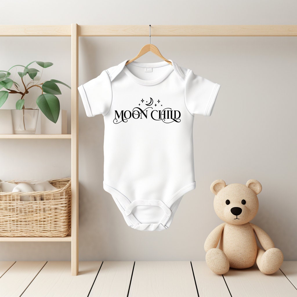 Baby Bodysuit, Moon Child One Piece Baby Suit, Baby Gift, Black or White, 0-18 Months size