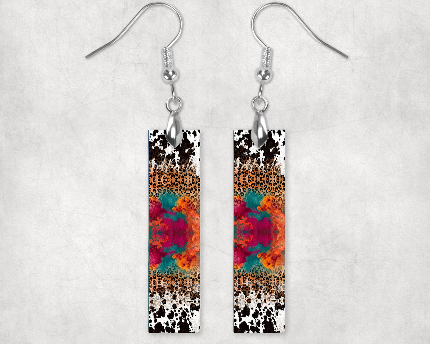 Cowhide and Leopard Print Bar Earrings, Printed Wood Dangle Earrings Hypoallergenic Jewelry Handmade