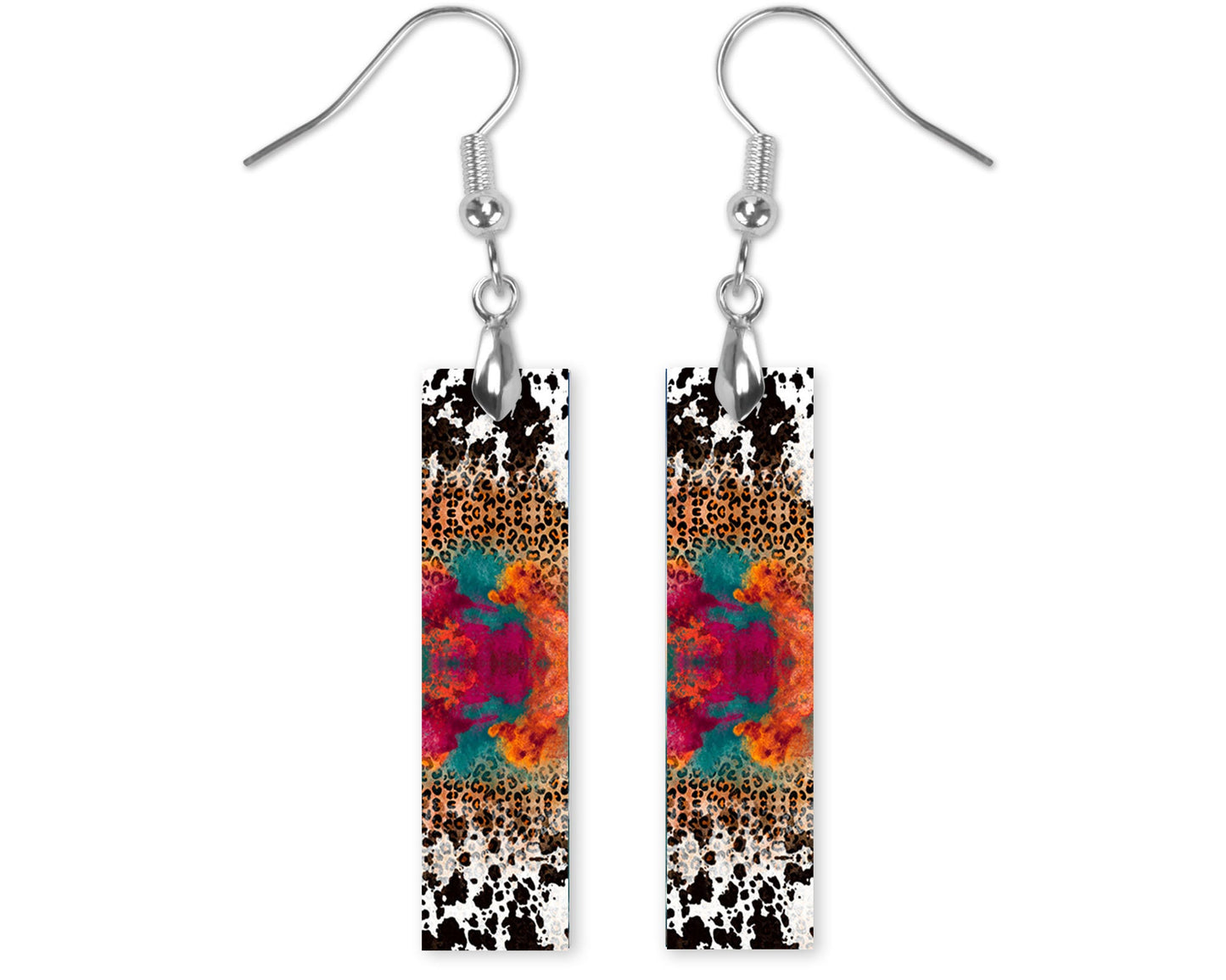 Cowhide and Leopard Print Bar Earrings, Printed Wood Dangle Earrings Hypoallergenic Jewelry Handmade