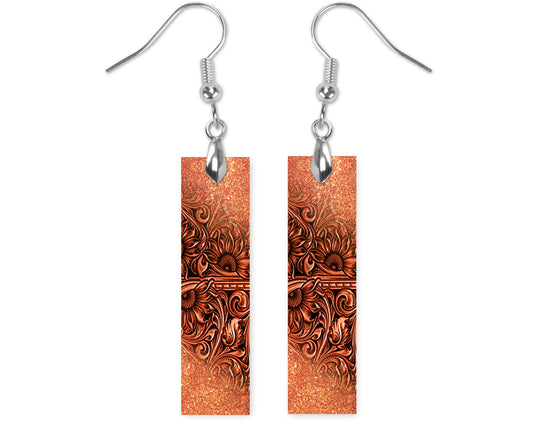 Tooled Leather Print Bar Earrings, Printed Wood Dangle Earrings Hypoallergenic Jewelry Handmade