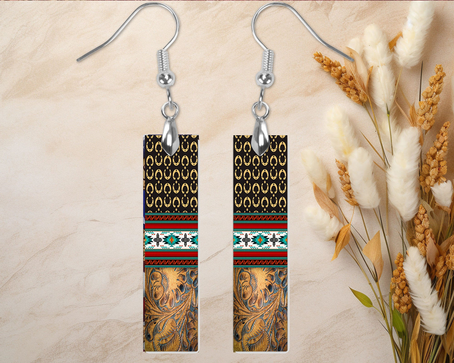 Western Aztec and Tooled Leather Print Bar Earrings, Printed Wood Dangle Earrings Hypoallergenic Jewelry Handmade