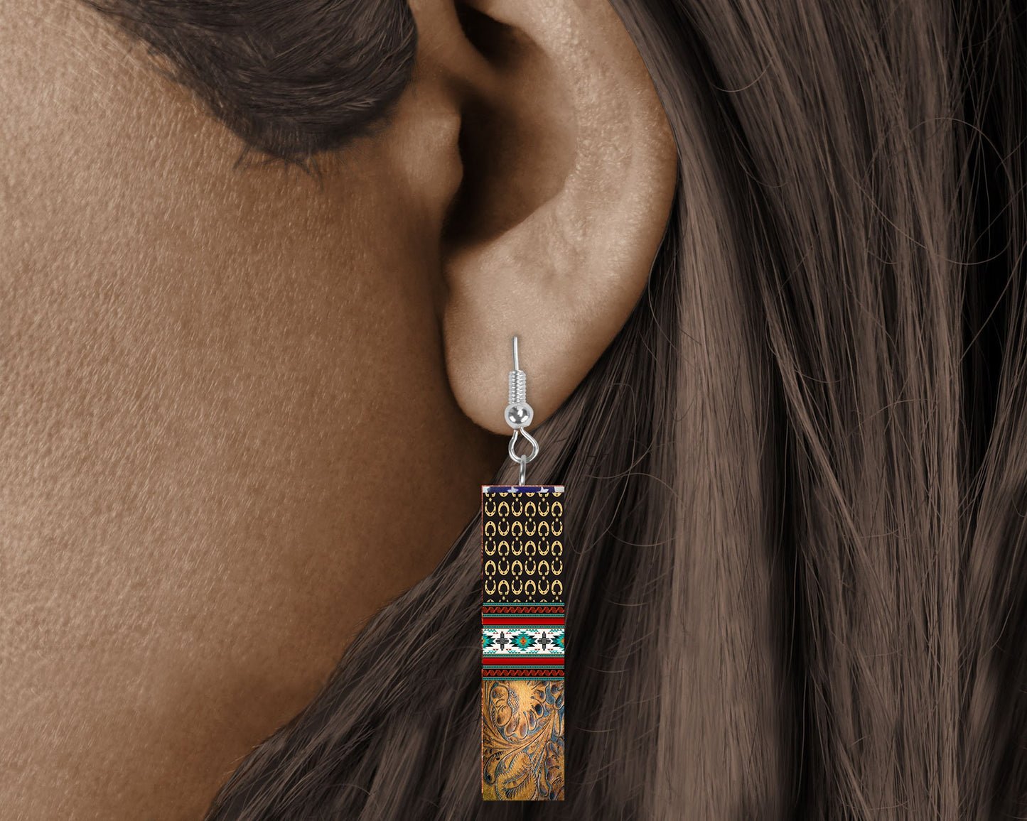 Western Aztec and Tooled Leather Print Bar Earrings, Printed Wood Dangle Earrings Hypoallergenic Jewelry Handmade