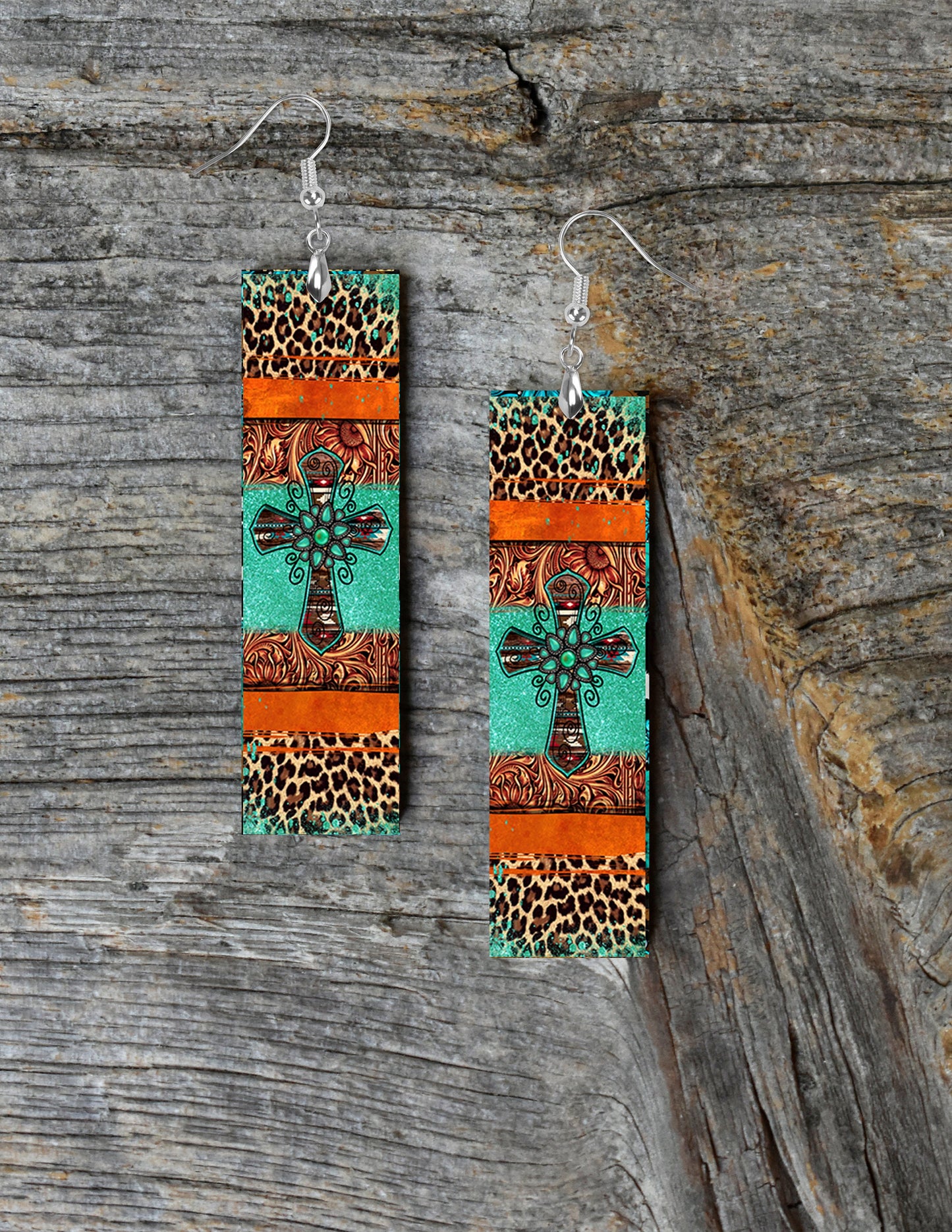 Western Cross and Leopard Print Bar Earrings, Printed Wood Dangle Earrings Hypoallergenic Jewelry Handmade