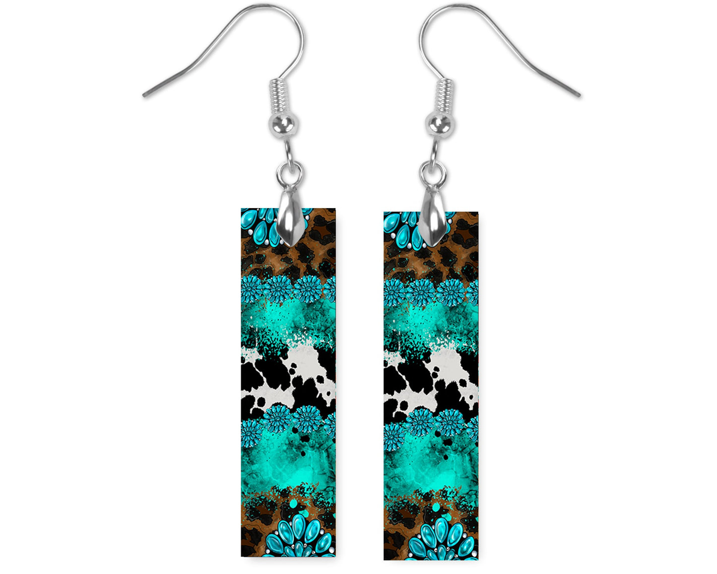 Western Cowhide and Turquoise Print Bar Earrings, Printed Wood Dangle Earrings Hypoallergenic Jewelry Handmade